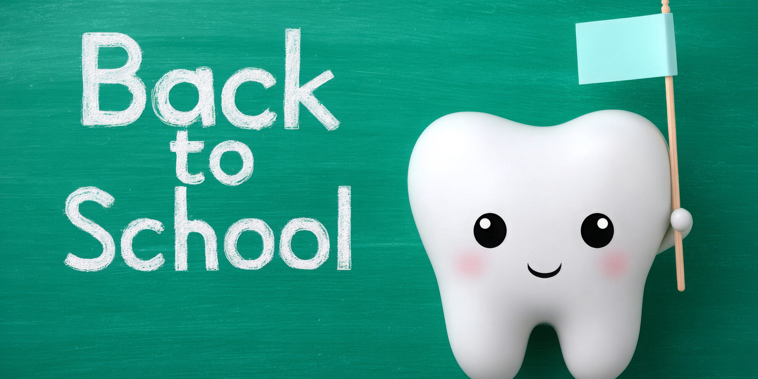 Cartoon tooth character holding flag for back to school concept