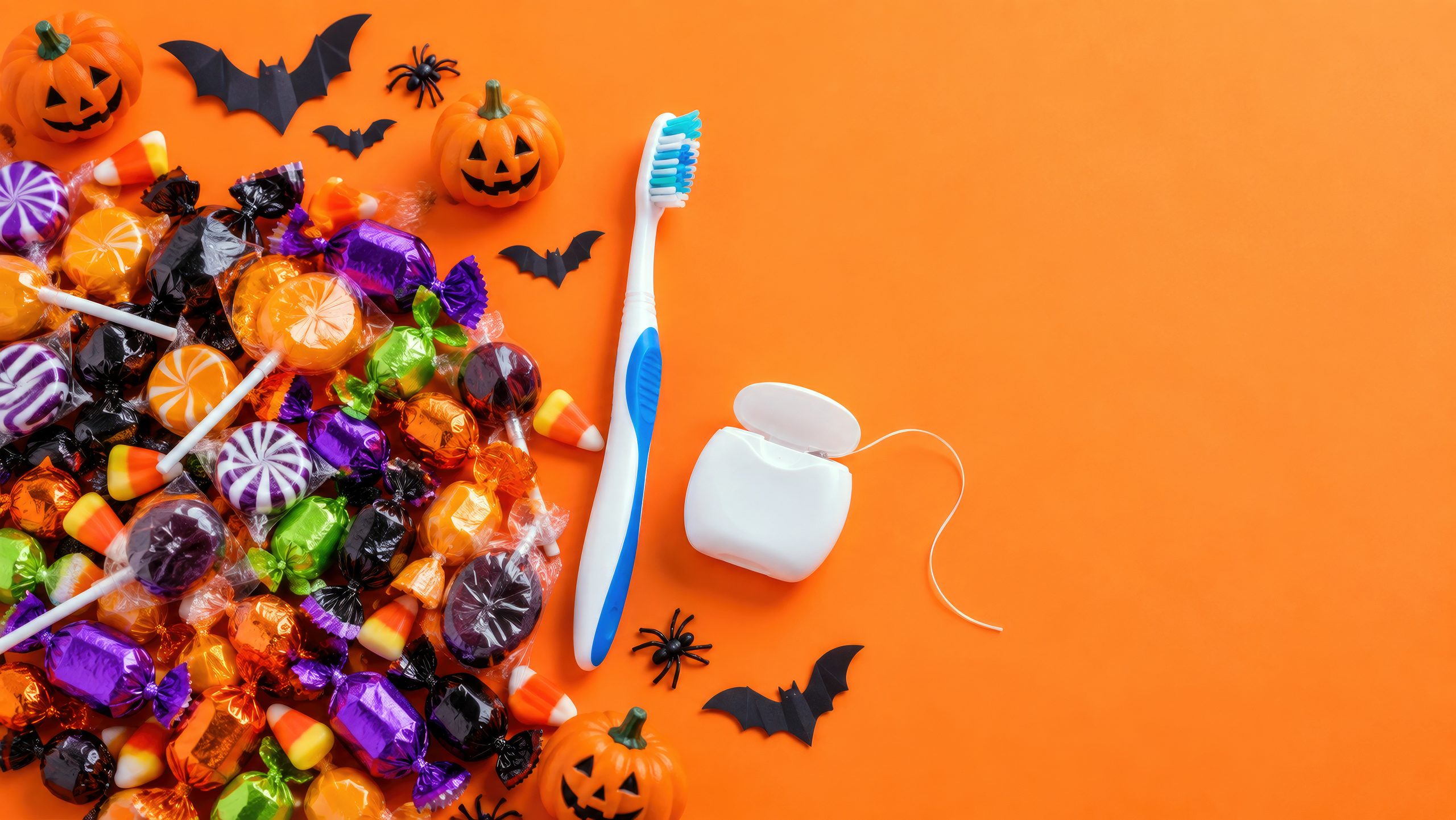 Halloween candy pile with toothbrush and dental floss on orange background – dentist and oral hygiene reminder flat lay